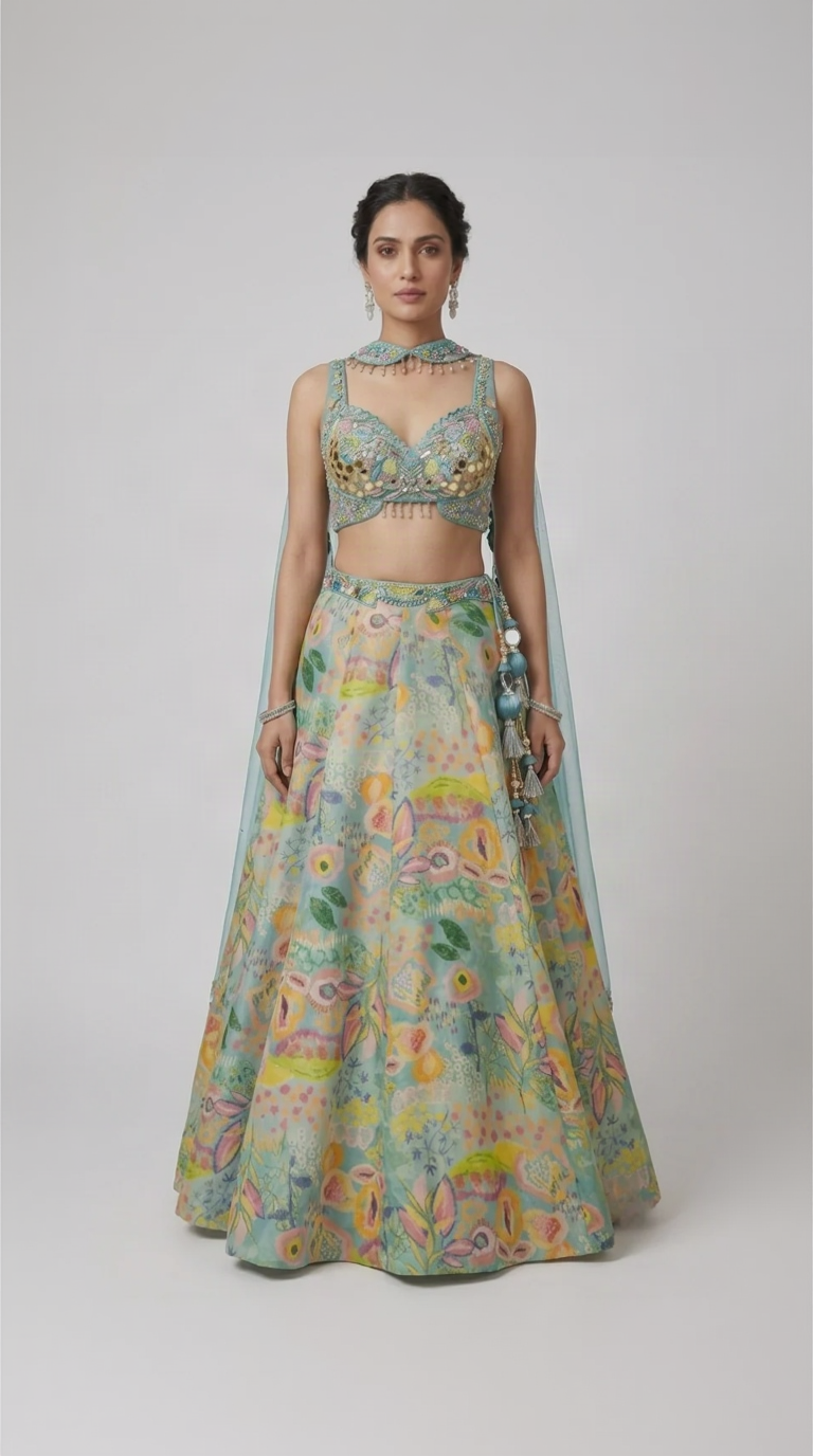 Blue floral print tissue silk embroidered lehenga set for wedding and festive occasions
