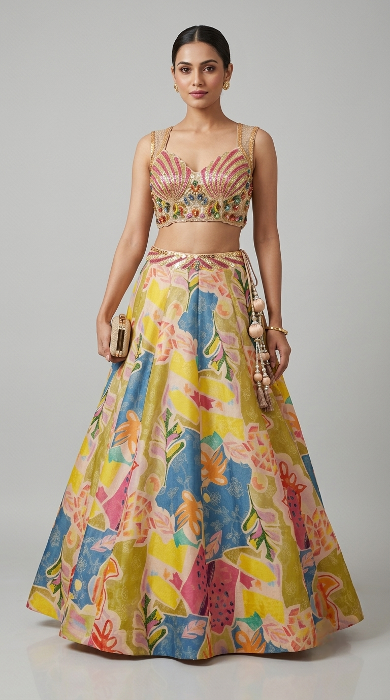 Multicolour printed tissue silk lehenga with embellished blouse for haldi