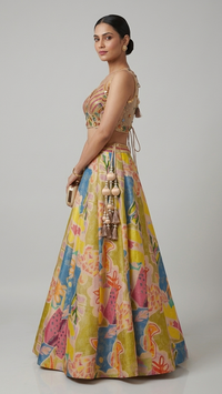 Multicolour tissue silk embellished lehenga with choker dupatta for wedding