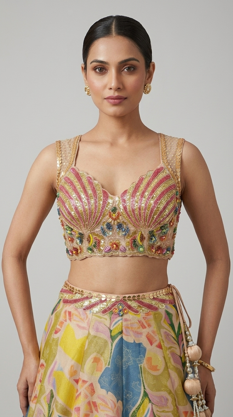 Multicolour tissue silk lehenga choli for haldi, carnival and festive occasions