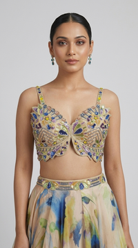 Printed tissue organza embroidered lehenga set for mehndi and festive occasions