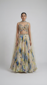 Cream printed tissue organza embroidered lehenga set for haldi and mehndi