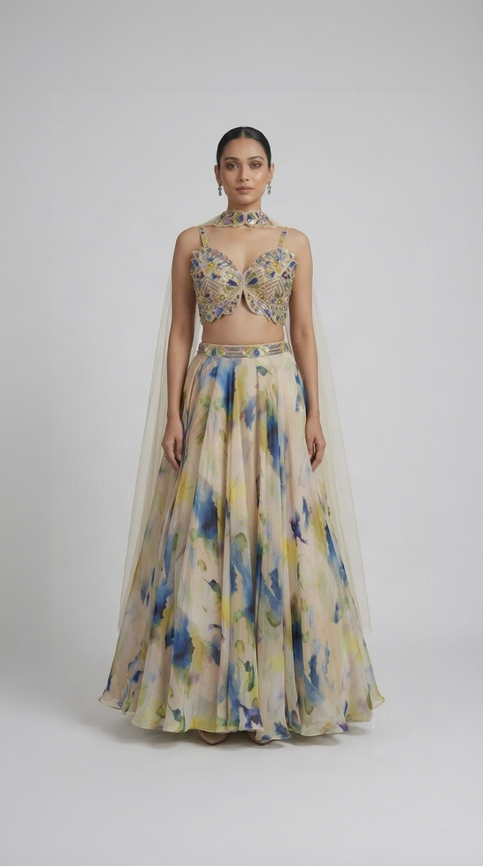 Cream printed tissue organza embroidered lehenga set for haldi and mehndi