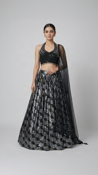 Black sequin embroidered georgette lehenga choli set for wedding and sangeet