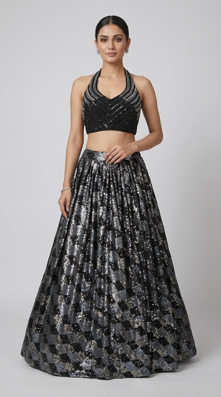 Black embroidered lehenga choli with sequin work for reception and party wear