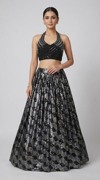 Black embroidered lehenga choli with sequin work for reception and party wear