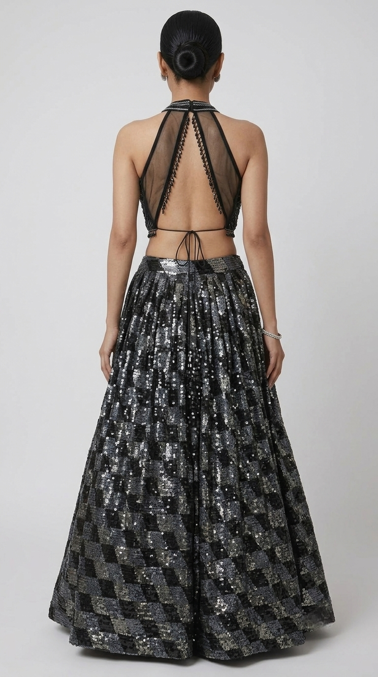 Black sequin lehenga choli outfit for wedding, sangeet and reception parties