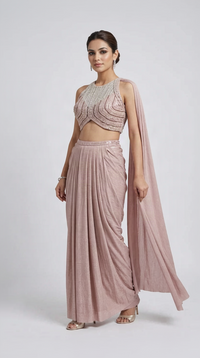 Pink sequin embroidered shimmer pleated skirt and blouse set for wedding and sangeet