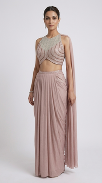 Pink shimmer pleated skirt with sequin embroidered blouse for reception
