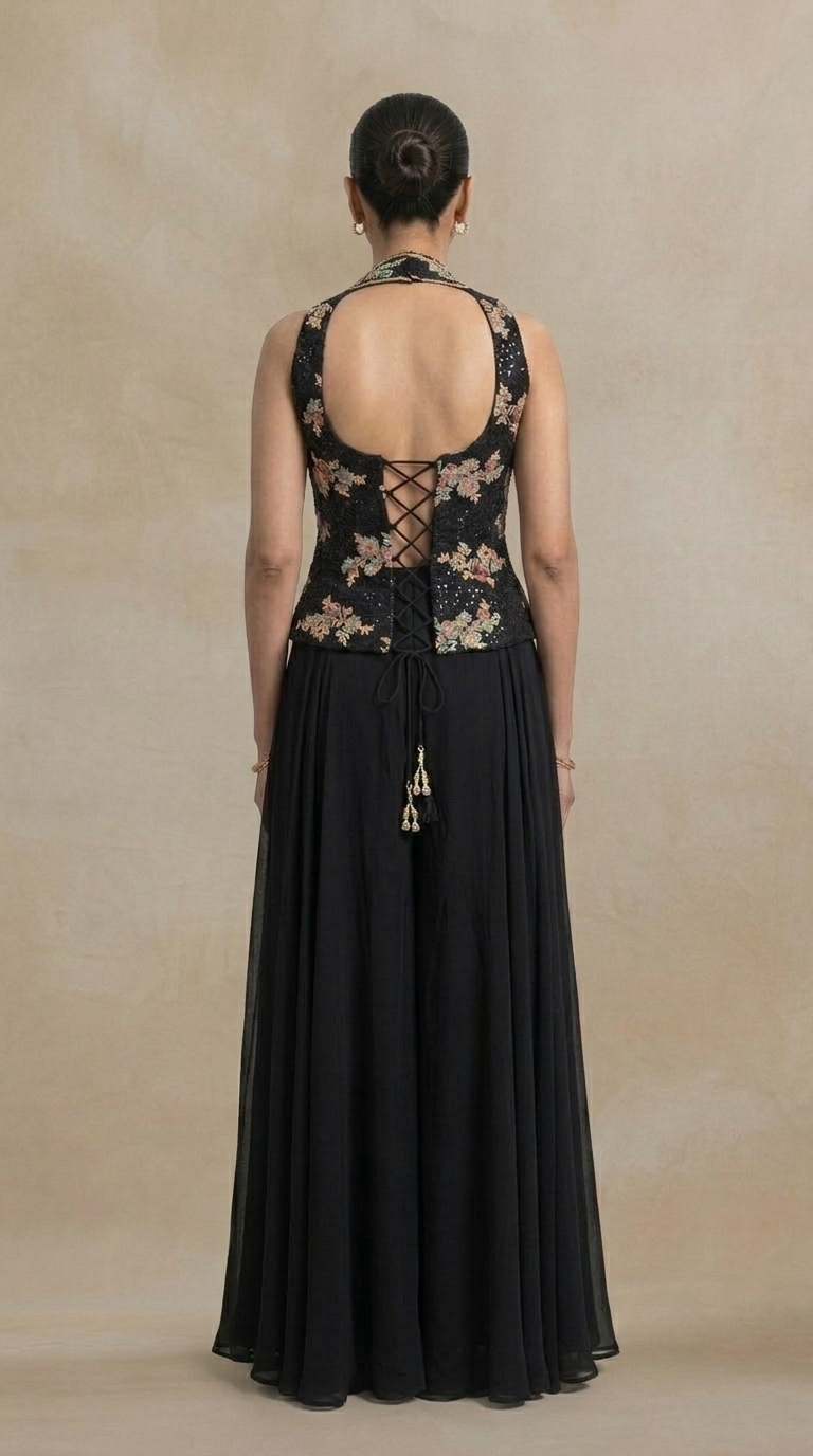 Black multicolour embroidered sharara set with sequin work for festive wear