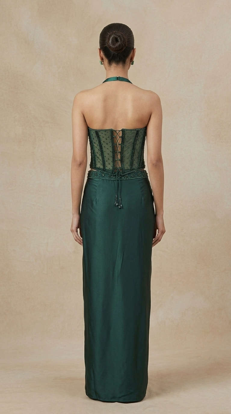 Full-length green embroidered corset and pleated skirt set, premium Indo Western wedding guest outfit for sangeet, reception, mehndi and celebrations