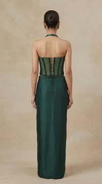 Full-length green embroidered corset and pleated skirt set, premium Indo Western wedding guest outfit for sangeet, reception, mehndi and celebrations