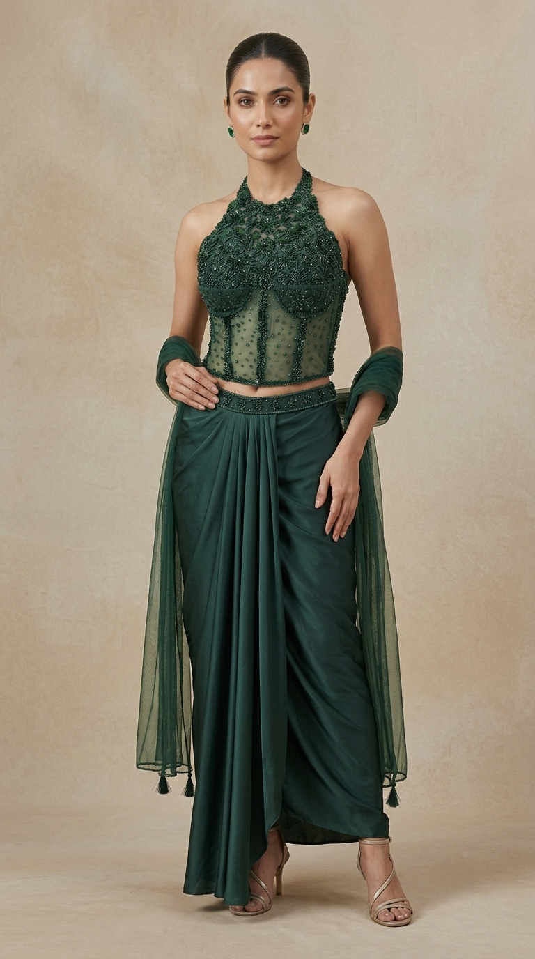 Close-up of green corset top with intricate embroidery, designer Indian fusion wear for women, stylish engagement and cocktail party outfit