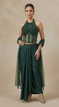 Close-up of green corset top with intricate embroidery, designer Indian fusion wear for women, stylish engagement and cocktail party outfit