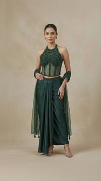 Green intricately embroidered corset top with pleated skirt for women, designer Indo Western outfit for wedding, engagement and sangeet
