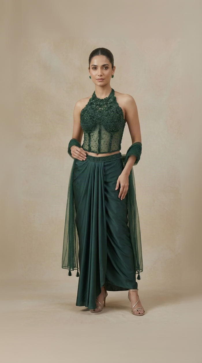 Green intricately embroidered corset top with pleated skirt for women, designer Indo Western outfit for wedding, engagement and sangeet