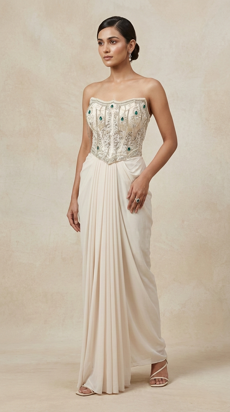 Off-white gem embroidered corset with pleated skirt for sangeet and engagement