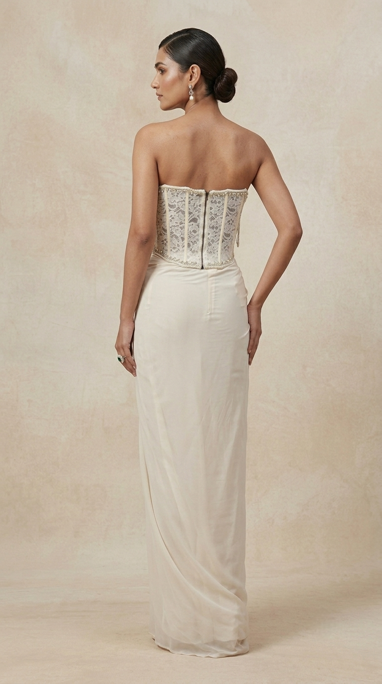 Off-white embroidered corset and pleated skirt outfit for wedding, reception and celebrations
