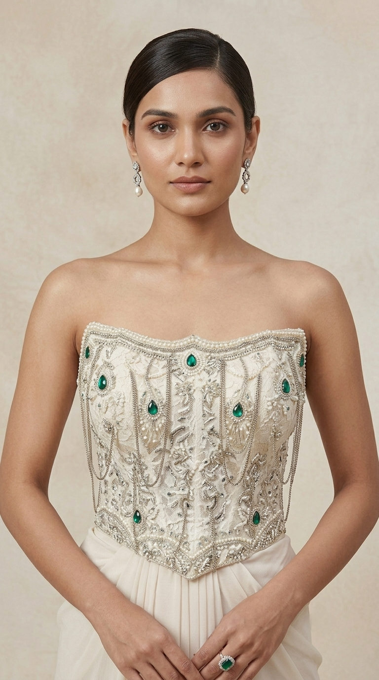 Chantilly net off-white corset skirt set for festive and party wear occasions