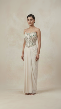Off-white Chantilly net gem embroidered corset pleated skirt set for wedding and reception