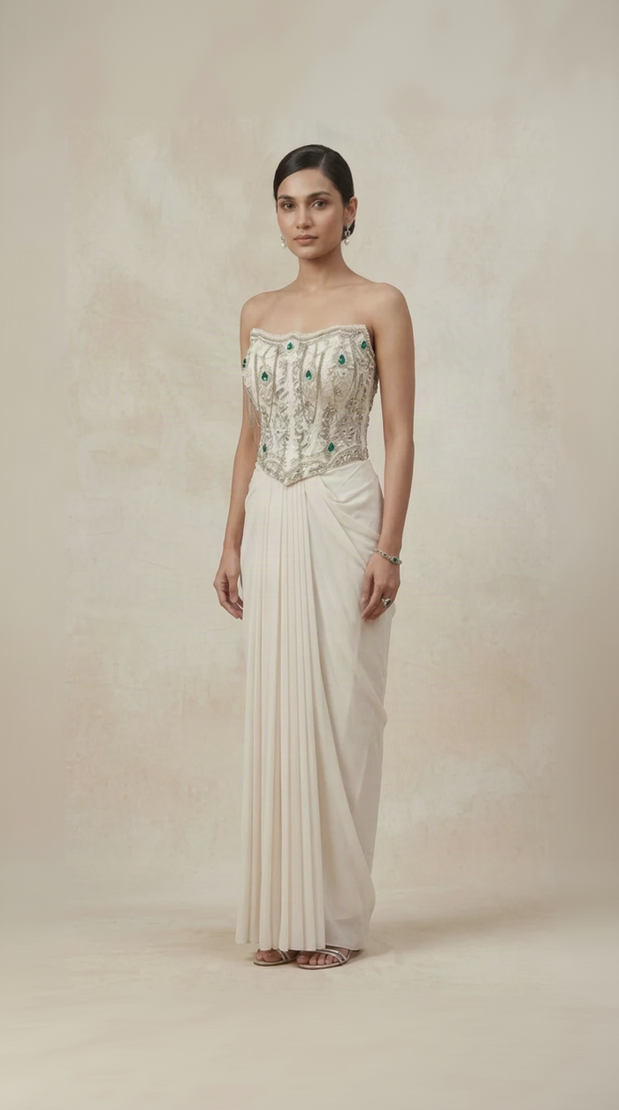 Off-white Chantilly net gem embroidered corset pleated skirt set for wedding and reception