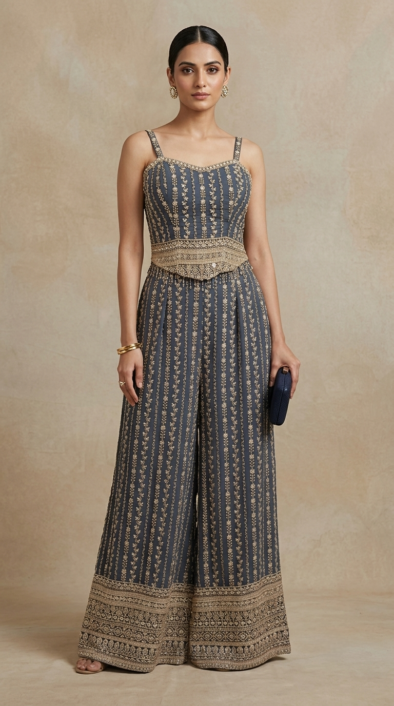 GREY GEORGETTE THREAD EMBROIDERED CORSET PALAZZO SET