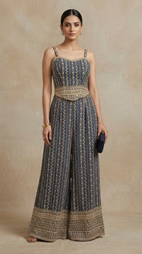 GREY GEORGETTE THREAD EMBROIDERED CORSET PALAZZO SET