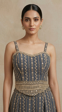 GREY GEORGETTE THREAD EMBROIDERED CORSET PALAZZO SET