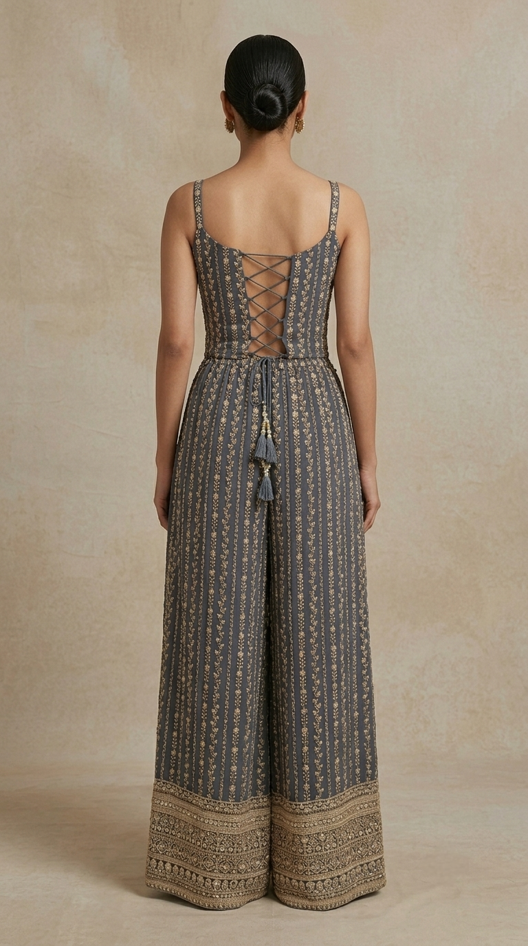 GREY GEORGETTE THREAD EMBROIDERED CORSET PALAZZO SET
