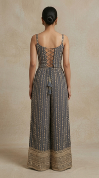 GREY GEORGETTE THREAD EMBROIDERED CORSET PALAZZO SET