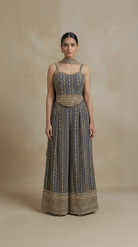 GREY GEORGETTE THREAD EMBROIDERED CORSET PALAZZO SET