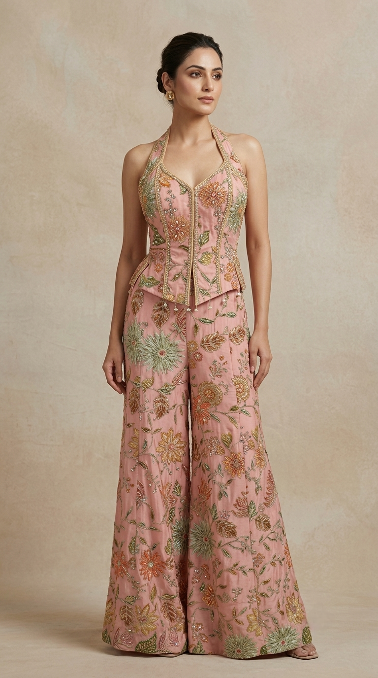 Peach embroidered Indowestern set with mirror work and palazzo sharara for mehndi and festive occasions