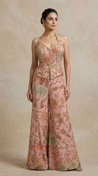 Peach embroidered Indowestern set with mirror work and palazzo sharara for mehndi and festive occasions