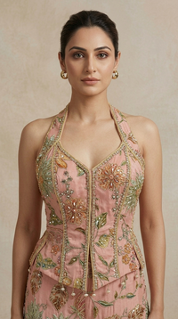Peach mirror work printed crepe Indowestern palazzo outfit for reception, engagement and party wear