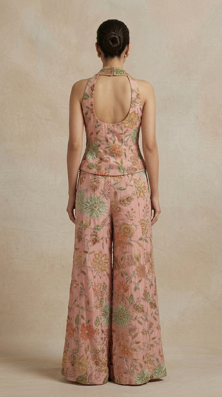 Peach printed crepe Indowestern palazzo set with choker dupatta for sangeet, mehndi, wedding and party wear