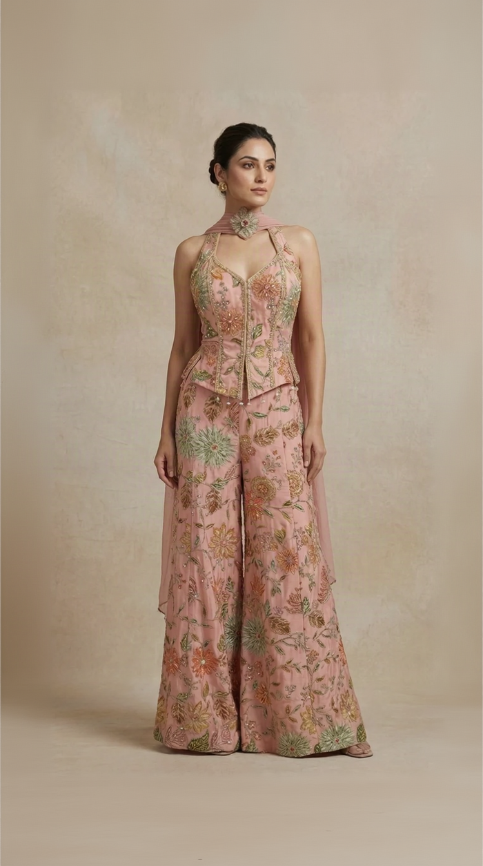 Peach mirror embroidered Indowestern palazzo set with printed crepe for wedding and sangeet wear