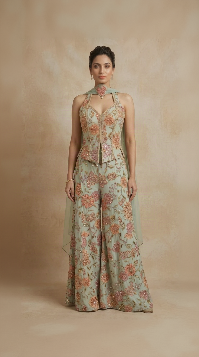 Blue mirror embroidered printed crepe Indowestern sharara set with corset top for wedding and sangeet