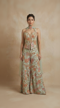 Blue mirror embroidered printed crepe Indowestern sharara set with corset top for wedding and sangeet