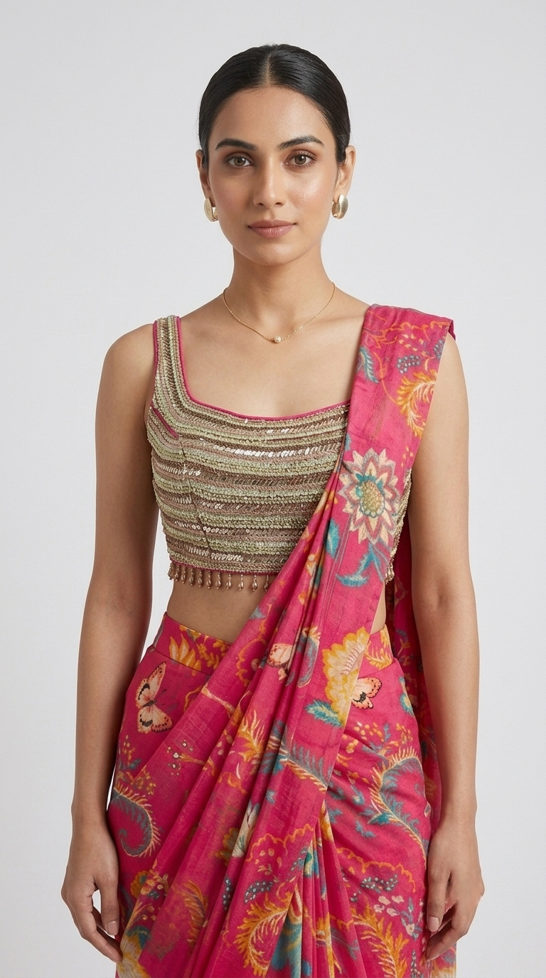Pink floral printed georgette ready-to-wear saree with mirror, thread and bead embellishments for sangeet