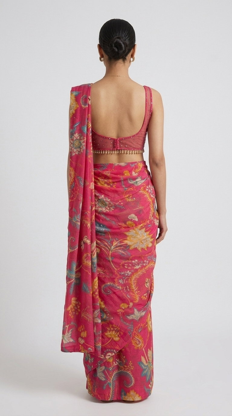 Pink mirror embellished floral pre-draped saree for wedding, engagement, reception, festive and party wear