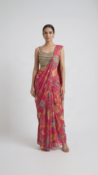 Pink floral printed mirror embellished ready-to-wear saree with blouse for wedding and sangeet