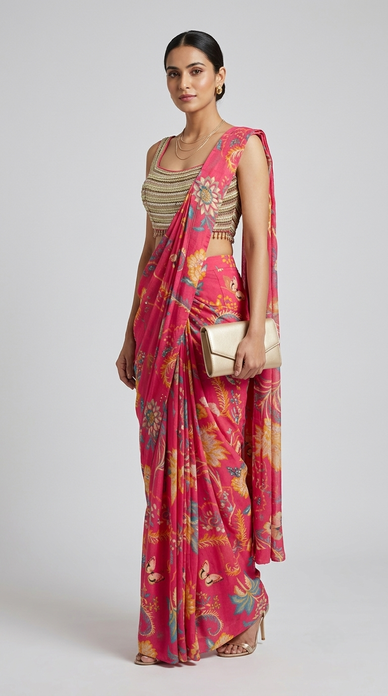 Pink floral mirror work pre-draped saree with blouse for reception, festive party and wedding