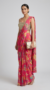 Pink floral mirror work pre-draped saree with blouse for reception, festive party and wedding