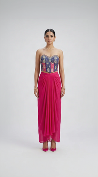 Pink mirror embellished corset and pleated skirt set for sangeet and wedding party wear