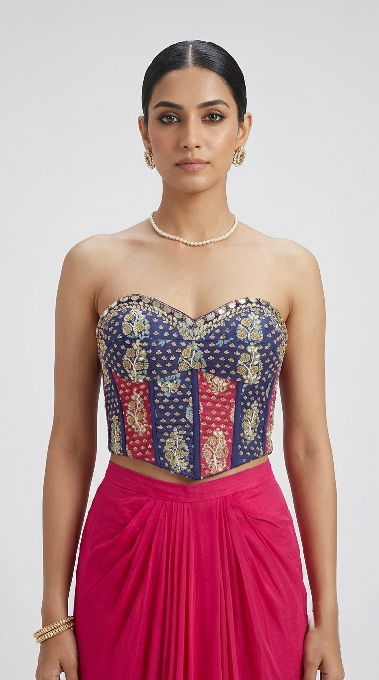 Pink embellished corset and pleated skirt outfit for reception, engagement and festive wear