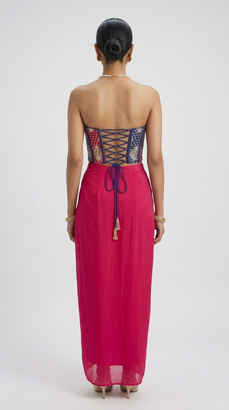 Pink mirror work pleated skirt set with embellished corset for mehndi, sangeet and wedding occasions