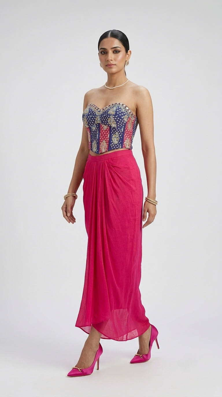 Pink ethnic fusion corset top with mirror, cutdana and sequin work with pleated skirt
