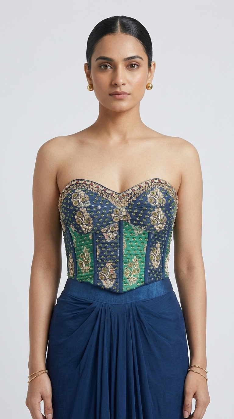 Green cutdana sequin mirror embellished corset skirt set for wedding, sangeet, mehndi and party wear