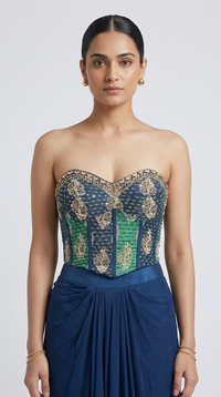 Green cutdana sequin mirror embellished corset skirt set for wedding, sangeet, mehndi and party wear