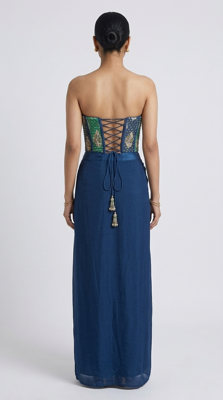 Green embellished corset and pleated skirt ethnic fusion set for festive celebrations, wedding reception and engagement parties